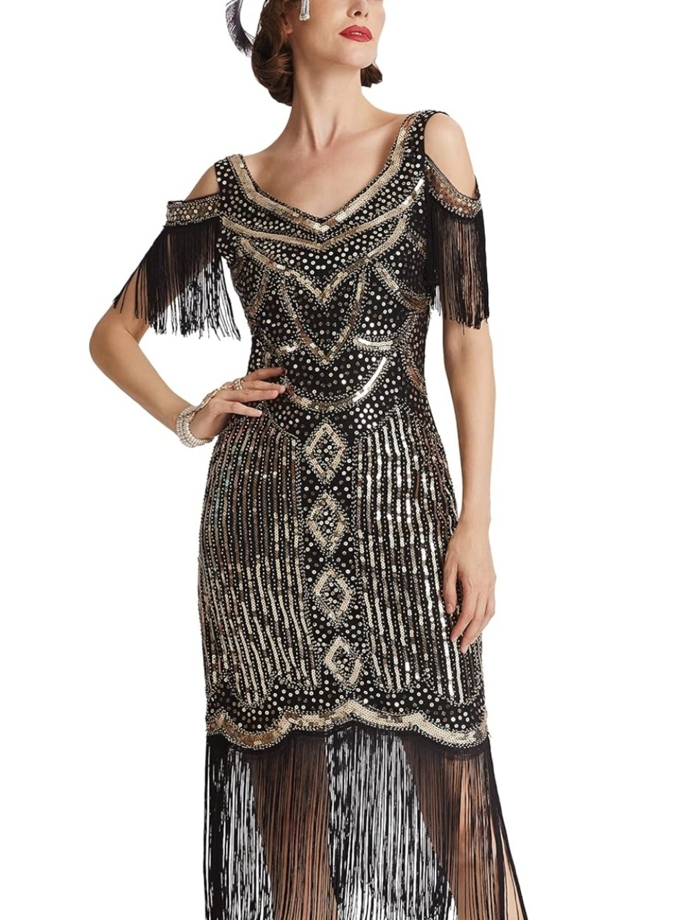Babeyond,Black and Gold Beaded Cold-Shoulder Fringe Dress, Sz.M